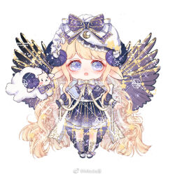 Rule 34 | 1girl, asymmetrical footwear, back bow, black bow, black capelet, black dress, black footwear, black sleeves, black wings, blue eyes, boots, bow, bowtie, capelet, chibi, chinese commentary, colored eyelashes, commentary request, crescent print, dress, eyelashes, feathered wings, flower in eye, footwear bow, frilled capelet, frilled dress, frilled headwear, frills, full body, gold trim, hair bow, hat, hat ornament, heart, heart in eye, horns, knees, light blush, long sleeves, looking at viewer, mioda xi, mismatched footwear, mob cap, open mouth, original, puffy long sleeves, puffy sleeves, purple bow, sheep, sheep earrings, sheep horns, simple background, solo, spread wings, star (symbol), star hat ornament, straight-on, striped bow, symbol in eye, vertical-striped sleeves, very long sleeves, watermark, weibo watermark, white background, white bow, white bowtie, white footwear, white hat, wings