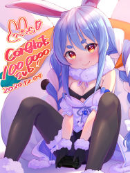 Rule 34 | 1girl, animal ear fluff, animal ears, black bra, black gloves, black pantyhose, blouse, blue hair, blue shirt, blush, bow, bra, braid, breasts, bridal garter, carrot, carrot hair ornament, celebration, closed mouth, commentary request, controller, dated, detached sleeves, don-chan (usada pekora), dress, feet out of frame, food-themed hair ornament, fur trim, garter belt, gloves, hair between eyes, hair bow, hair ornament, head tilt, highres, holding, holding controller, hololive, knees up, long hair, looking at viewer, magowasabi, medium breasts, multicolored hair, orange eyes, pantyhose, puffy short sleeves, puffy sleeves, rabbit-shaped pupils, rabbit ears, rabbit girl, shirt, short sleeves, sitting, sleeveless, sleeveless dress, smile, solo, stuffed animal, stuffed toy, symbol-shaped pupils, thick eyebrows, twin braids, two-tone hair, underwear, usada pekora, usada pekora (1st costume), very long hair, virtual youtuber, white bow, white hair