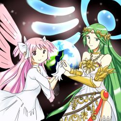 Rule 34 | 10s, 2girls, crossover, holding hands, jewelry, kaname madoka, kid icarus, kid icarus uprising, looking at viewer, lots of jewelry, mahou shoujo madoka magica, mahou shoujo madoka magica (anime), multiple girls, nintendo, palutena, shaft (company), sig (artist), sig (sfried), thighhighs, ultimate madoka