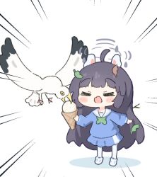 Rule 34 | 1girl, ahoge, animal ears, bird, black hair, blue archive, blue shirt, blue skirt, blush stickers, chibi, closed eyes, commentary, emphasis lines, food, food theft, halo, holding, holding food, holding ice cream, ice cream, leaf, leaf on head, long hair, long sleeves, miyu (blue archive), no nose, open mouth, pantyhose, rabbit ears, sailor collar, seagull, shirt, skirt, standing, twig, umihio, very long hair, white footwear, white pantyhose, white sailor collar