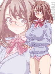 Rule 34 | 1girl, blush, bow, bow panties, bowtie, brown eyes, brown hair, cardigan, closed mouth, commentary, cowboy shot, crotch seam, dated, dress shirt, frown, glasses, grey cardigan, highres, kikuchi tsutomu, lace, lace-trimmed panties, lace trim, long sleeves, looking at viewer, medium hair, no pants, original, panties, pink bow, pink bowtie, pink panties, rimless eyewear, school uniform, shirt, simple background, solo, standing, sweatdrop, underwear, white background, white shirt, wing collar, zoom layer