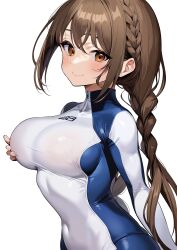 Rule 34 | 1girl, absurdres, blush, bodysuit, braid, breast hold, breasts, brown eyes, brown hair, closed mouth, commentary request, commission, covered erect nipples, covered navel, fingernails, hand up, highres, ichi-jirushi, large breasts, lips, long hair, long sleeves, looking at viewer, original, shiny clothes, sidelocks, simple background, single braid, skeb commission, skin tight, smile, solo, turtleneck, upper body, white background