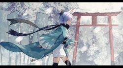 1girl animal_ears black_ribbon black_scarf flag from_side grey_hair highres hololive japanese_clothes letterboxed long_sleeves outdoors rabbit_ears rabbit_girl ribbon scarf sheath sheathed short_hair short_ponytail snow solo stairs sword torii usada_pekora virtual_youtuber weapon wide_sleeves winter xyunx