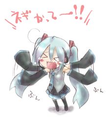 Rule 34 | &gt; &lt;, 1girl, bad id, bad pixiv id, blue hair, blush, chibi, detached sleeves, closed eyes, flapping, hatsune miku, kasuga yuuki, long hair, necktie, open mouth, solo, tears, thighhighs, twintails, vocaloid, wildrabbit