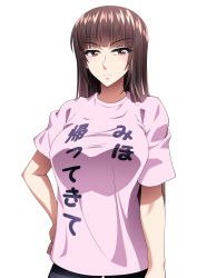 Rule 34 | 1girl, black pants, blunt bangs, brown eyes, brown hair, casual, closed mouth, clothes writing, commentary, girls und panzer, half-closed eyes, hand on own hip, highres, hime cut, light frown, long hair, looking at viewer, mature female, miraino tsubasa, nishizumi shiho, pants, purple shirt, shirt, short sleeves, simple background, standing, straight hair, t-shirt, translated, white background