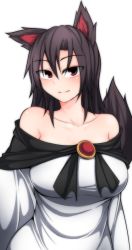 Rule 34 | 1girl, animal ears, bare shoulders, black hair, blush, breasts, brooch, closed mouth, collarbone, dress, imaizumi kagerou, jewelry, kuroba rapid, large breasts, long hair, long sleeves, looking at viewer, off-shoulder dress, off shoulder, red eyes, smile, solo, tail, touhou, upper body, white dress, wide sleeves, wolf ears, wolf tail