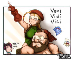 Rule 34 | 1boy, 1koma, 2girls, beard, beret, black hair, blonde hair, braid, breasts, brown hair, cammy white, carrying, clenched teeth, collar, comic, commentary, cone hair bun, crying, dated, double bun, english text, facial hair, fingerless gloves, gloves, green leotard, hair bun, han juri, hat, hershuar, leotard, medium breasts, multicolored hair, multiple girls, pink hair, pointing, pointing up, pouch, shoulder carry, sleep mask, snot, spiked collar, spikes, streaming tears, street fighter, street fighter 6, street fighter v, tears, teeth, twitter username, two-tone hair, zangief
