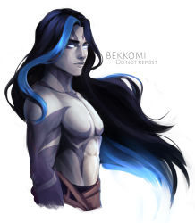 Rule 34 | 1boy, arm at side, artist name, bekkomi, black hair, blue hair, closed mouth, collarbone, from side, glowing, glowing eyes, highres, league of legends, long hair, parted bangs, shadow assassin kayn, simple background, smile, solo, topless male, white background