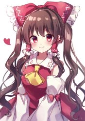 Rule 34 | 1girl, alternate hair length, alternate hairstyle, ascot, bare shoulders, blush, bow, brown hair, closed mouth, commentary, cowboy shot, detached sleeves, frilled bow, frilled hair tubes, frills, hair tubes, hakurei reimu, heart, highres, long hair, looking at viewer, moshihimechan, nontraditional miko, red bow, red eyes, red skirt, sidelocks, simple background, skirt, smile, solo, standing, touhou, twintails, vest, white background, yellow ascot