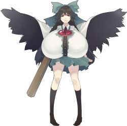 Rule 34 | 1girl, absurdres, arm cannon, bird wings, black hair, black socks, black wings, bow, breasts, cape, closed mouth, frown, full body, gigantic breasts, green bow, green skirt, hair bow, highres, long hair, looking at viewer, muneneko, puffy short sleeves, puffy sleeves, red eyes, reiuji utsuho, shirt, short sleeves, skirt, socks, solo, third-party edit, third eye, touhou, weapon, white shirt, wings