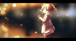 Rule 34 | 10s, 1girl, :d, alice cartelet, bad id, bad pixiv id, black pantyhose, blonde hair, blue eyes, blurry, blurry background, coat, dust, hair ornament, highres, kin-iro mosaic, letterboxed, long sleeves, looking at viewer, nitro (mugityaoisii), open mouth, pantyhose, short hair, smile, solo, standing, twintails