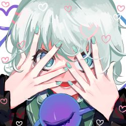 Rule 34 | 1girl, :d, commentary, fingernails, frilled sleeves, frills, green eyes, green hair, green nails, hands on own face, hands up, heart, heart in eye, heart of string, highres, komeiji koishi, looking at viewer, looking through fingers, lower teeth only, nail polish, no headwear, no headwear, open mouth, portrait, short hair, smile, symbol in eye, tamatetama, teeth, third eye, touhou