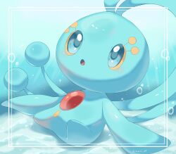 Rule 34 | :o, antennae, artist name, blue eyes, blue skin, bubble, colored sclera, colored skin, commentary request, creatures (company), eyelashes, game freak, gen 4 pokemon, highres, iwasi 29, legendary pokemon, looking up, manaphy, mythical pokemon, nintendo, no humans, pokemon, pokemon (creature), twitter username, underwater, yellow sclera