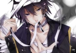 Rule 34 | 1boy, bad id, bad pixiv id, bandages, black hair, hair between eyes, hand on own chest, lips, male focus, mouth hold, nail polish, purple eyes, shion taito, short hair, solo, taito (vocaloid), toya kure, upper body, vocaloid