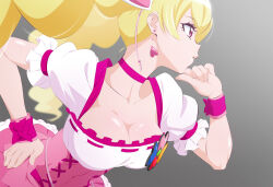 Rule 34 | 1girl, blonde hair, breasts, choker, cleavage, collarbone, cure peach, earrings, fresh precure!, fuchi (nightmare), gradient background, hair ornament, hand on own hip, heart, heart earrings, heart hair ornament, jewelry, large breasts, long hair, magical girl, momozono love, pink choker, pink eyes, precure, puffy short sleeves, puffy sleeves, shirt, short sleeves, solo, twintails, white shirt, wrist cuffs