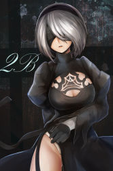 Rule 34 | 1girl, black dress, blindfold, breasts, character name, cleavage, commentary request, dress, groin, hachachi, hair over one eye, hairband, highres, looking at viewer, mole, mole under mouth, nier (series), nier:automata, parted lips, short hair, silver hair, solo, 2b (nier:automata)