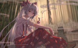 Rule 34 | 1girl, bamboo, bamboo forest, bow, brown footwear, cigarette, commentary, feet out of frame, forest, fujiwara no mokou, grass, hair between eyes, hair bow, hand up, holding, holding cigarette, long hair, looking at viewer, maachi (fsam4547), nature, ofuda, outdoors, pants, ponytail, red eyes, red pants, shirt, shoes, short hair, silver hair, sitting, smoke, smoking, solo, suspenders, torn clothes, torn sleeves, touhou, very long hair, white bow, white shirt