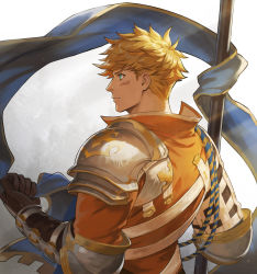 Rule 34 | 1boy, armor, back, banner, bara, blonde hair, blood, blue eyes, bruise, bruise on face, collar, elbow pads, flag, from behind, gloves, gradient background, granblue fantasy, highres, holding, holding flag, injury, light, long sleeves, looking to the side, male focus, muscular, orange shirt, rope, saku (sakudeji), shirt, shoulder pads, simple background, solo, the dragon knights, upper body, vane (granblue fantasy)