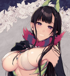 Rule 34 | 1girl, :d, ane naru mono, bare shoulders, black gloves, black hair, blunt bangs, blush, bra, breasts, chiyo (ane naru mono), covered erect nipples, demon girl, elbow gloves, extra eyes, gloves, highres, horizontal pupils, horns, large breasts, long hair, looking at viewer, mole, mole under eye, open mouth, pochi (pochi-goya), pointy ears, purple eyes, revealing clothes, smile, solo, underwear, upper body, white bra