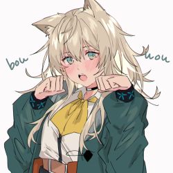 Rule 34 | 1girl, animal ears, aogisa, aqua jacket, arknights, belt, black choker, blonde hair, blush, choker, green eyes, highres, jacket, long hair, looking at viewer, necktie, open clothes, open jacket, open mouth, paw pose, podenco (arknights), shirt, solo focus, white background, white shirt, yellow neckwear