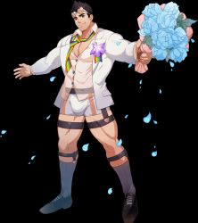 Rule 34 | 1boy, alternate costume, bara, biceps, black hair, bouquet, bulge, coat, collared shirt, flower, gyee, highres, lee (gyee), lgbt pride, looking at viewer, male focus, male underwear, manly, mature male, mazjojo, muscular, muscular male, necktie, no pants, outstretched arms, pectoral cleavage, pectorals, petals, rainbow print, see-through, see-through shirt, shirt, shoes, smile, socks, solo, spiked hair, spread arms, sunglasses, thick arms, thick eyebrows, thick thighs, thighs, tight clothes, transparent background, underwear, yellow eyes