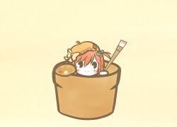 Rule 34 | 1girl, beige background, beret, blush, bow, cacalia (flower knight girl), chibi, commentary, flower knight girl, flower pot, hat, holding, holding paintbrush, in container, koti, looking at viewer, orange hat, paintbrush, palette (object), red hair, short hair, smile, solid oval eyes, solo, yellow bow