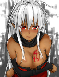 Rule 34 | 1girl, antenna hair, bare shoulders, bent over, blush, breasts, bridal gauntlets, cleavage, dark-skinned female, dark skin, elbow gloves, gloves, highres, isshiki (ffmania7), large breasts, lips, long hair, looking at viewer, pointy ears, red eyes, sansei muramasa, simple background, solo, soukou akki muramasa, white hair