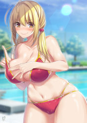 Rule 34 | 1girl, adjusting clothes, adjusting swimsuit, ahoge, bikini, blonde hair, blush, breasts, cameltoe, cleavage, collarbone, commentary request, fingernails, hands on own chest, heart, highres, large breasts, multi-strapped bikini bottom, navel, nervous, nervous smile, original, pool, red bikini, shiny skin, signature, smile, solo, suzuki nene, sweatdrop, swimsuit, tree, twintails, yellow eyes