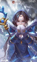 Rule 34 | 1girl, alternate hair color, blue cape, blue dress, blue eyes, blue hood, breasts, brown hair, cape, circlet, cleavage, covering own mouth, crystal, crystal maiden, dota (series), dota 2, dress, forehead jewel, gloves, highres, ja1990, long hair, looking at viewer, mittens, snowing, solo, wand, white gloves