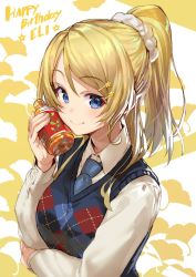 Rule 34 | 10s, 1girl, argyle, argyle clothes, argyle sweater vest, ayase eli, blonde hair, blue eyes, blue necktie, bottle, bottle to cheek, character name, collared shirt, ginkgo leaf, ginkgo tree, hair ornament, hair scrunchie, hairpin, happy birthday, highres, leaf, long sleeves, looking at viewer, love live!, love live! school idol festival, love live! school idol project, necktie, ponytail, scrunchie, shirabi, shirt, smile, solo, star (symbol), star hair ornament, sweater, sweater vest, upper body, white shirt