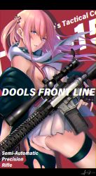 Rule 34 | 1girl, ar-15, assault rifle, black gloves, blue eyes, blue hair, blush, breasts, character name, damaged, dress, fingerless gloves, from side, girls&#039; frontline, gloves, gun, hair between eyes, hair ornament, hairclip, half-closed eyes, highres, holding, holding gun, holding weapon, jacket, kisaragi chiyuki, letterboxed, long hair, looking at viewer, multicolored hair, one side up, panties, parted lips, pink hair, pinky out, rifle, scarf, sidelocks, signature, single thighhigh, skindentation, small breasts, solo, st ar-15 (girls&#039; frontline), streaked hair, thigh strap, thighhighs, torn clothes, torn dress, torn thighhighs, trigger discipline, underwear, weapon, white panties