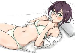 Rule 34 | 10s, 1girl, ahoge, bad id, bad pixiv id, bed, blush, bra, breasts, cleavage, cowboy shot, dosaken, dress shirt, glasses, green eyes, hair between eyes, hands on own chest, hip focus, kantai collection, looking at viewer, navel, okinami (kancolle), open clothes, panties, pillow, purple hair, shirt, short hair, small breasts, solo, thighs, underwear, wavy mouth