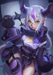 Rule 34 | 1girl, alternate breast size, blush, breasts, chinese commentary, crow (la+ darknesss), hair behind ear, highres, hololive, holox, horns, la+ darknesss, looking to the side, medium breasts, multicolored hair, nose, parted lips, pointy ears, purple hair, purple thighhighs, silver hair, single thighhigh, sleeves past fingers, sleeves past wrists, solo, streaked hair, striped horns, thighhighs, v-shaped eyes, virtual youtuber, wuya tian, yellow eyes