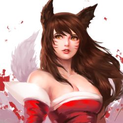 Rule 34 | 1girl, ahri (league of legends), animal ears, breasts, brown hair, cleavage, detached sleeves, fox ears, fox tail, korean clothes, league of legends, lips, long hair, parted lips, simple background, solo, tail, yellow eyes, yy6242