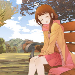 Rule 34 | 10s, 1girl, :d, bench, blush, brown hair, buttons, cloud, day, closed eyes, highres, jacket, long hair, nisekoi, onodera kosaki, open mouth, outdoors, own hands together, scarf, sitting, skirt, smile, solo, total9, tree