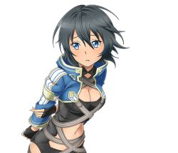 Rule 34 | 1girl, arms behind back, black gloves, black hair, blue eyes, breasts, cleavage, fingerless gloves, gloves, hair between eyes, leaning forward, medium breasts, midriff, navel, parted lips, philia (sao), short hair, solo, standing, stomach, sword art online, transparent background