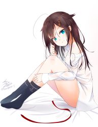 Rule 34 | 1girl, absurdres, ahoge, ass, bare shoulders, black footwear, black hair, blue eyes, full body, hair down, hair flaps, highres, kantai collection, long hair, looking at viewer, namikawa kuroha, red ribbon, ribbon, shigure (kancolle), shigure kai ni (kancolle), shirt, signature, simple background, sitting, smile, socks, solo, twitter username, white background, white shirt