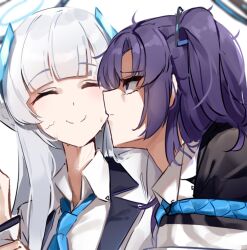Rule 34 | 2girls, absurdres, blue archive, blue necktie, blush, closed mouth, collared shirt, grey hair, halo, highres, jacket, long hair, mechanical halo, multiple girls, necktie, noa (blue archive), purple eyes, purple hair, shirt, simple background, sstthei, two side up, white background, white jacket, white shirt, yuuka (blue archive)