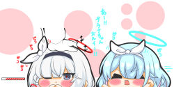 Rule 34 | &gt; &lt;, 1other, 2girls, :o, plana (blue archive), arona (blue archive), black hairband, blue archive, blue hair, blush, braid, chibi, closed eyes, disembodied limb, gloves, grey eyes, grey hair, hair over one eye, hair ribbon, hairband, halo, headpat, highres, kurukurumagical, long sleeves, multiple girls, open mouth, parted lips, ribbon, sensei (blue archive), speed lines, translation request, white background, white gloves, white hairband, white ribbon