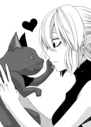 Rule 34 | 1girl, animal, breasts, cat, commentary request, freckles, greyscale, holding, holding animal, holding cat, looking at animal, medium breasts, mizuhashi parsee, monochrome, open mouth, pointy ears, shirt, short hair, simple background, sleeveless, sleeveless shirt, solo, touhou, upper body, uraraku shimuni