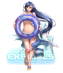 Rule 34 | 1girl, blue hair, collarbone, convenient censoring, copyright name, floral print, flower, full body, hair flower, hair ornament, highres, holding, innertube, logo, long hair, looking at viewer, masami chie, navel, nude, official art, original, parted lips, sandals, shoes, simple background, solo, standing, swim ring, toeless footwear, tokyo exe girls, very long hair, wardrobe malfunction, white background