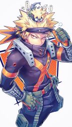 Rule 34 | 1boy, bakugou katsuki, belt, black pants, black shirt, blonde hair, boku no hero academia, commentary request, explosive, eye mask, gauntlets, gloves, green belt, green gloves, grenade, hand on own hip, hand up, highres, long sleeves, looking at viewer, male focus, mask, mask pull, mecyo (mamezurushiki), on head, orange background, orange gloves, pants, parted lips, pouch, red eyes, shirt, short hair, simple background, speech bubble, spiked hair, translation request, two-tone gloves, v-shaped eyebrows, white background