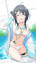 Rule 34 | 1girl, absurdres, arknights, bikini, black hair, breasts, collarbone, goggles, goggles around neck, hair bun, hair intakes, hair ornament, hairclip, halterneck, highres, id card, jacket, k@bu, la pluma (arknights), la pluma (summer flowers) (arknights), lanyard, long sleeves, medium breasts, navel, official alternate costume, open clothes, open jacket, open mouth, poolside, short hair, side-tie bikini bottom, single side bun, smile, solo, stomach, swimsuit, thigh strap, whistle, whistle around neck, white bikini, white jacket