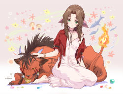 Rule 34 | 1boy, 1girl, aerith gainsborough, barefoot, bolo tie, bow, bracelet, brown hair, chiba sadoru, crayon, cropped jacket, drawing, dress, final fantasy, final fantasy vii, final fantasy vii remake, flame-tipped tail, green eyes, hair bow, headpat, highres, jacket, jewelry, materia, petting, pink bow, pink dress, red jacket, red xiii, scar, scar across eye, sitting, smile, square enix, strap slip, tattoo, yellow eyes