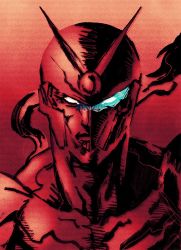 Rule 34 | 1boy, commentary, english commentary, fusion, gradient background, gray fox, helmet, highres, looking at viewer, metal gear (series), metal gear solid, muscular, muscular male, red theme, scarf, shinkawa youji (style), teoft, viewtiful joe, viewtiful joe (character), white eyes