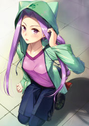 Rule 34 | 1girl, adjusting hair, alternate costume, animal hood, arched back, artist name, black footwear, blue pants, blue shorts, blush, braid, breasts, cat hood, collarbone, commentary request, fate/grand order, fate (series), from above, green jacket, hand in own hair, highres, hood, hood up, hooded jacket, hoodie, jacket, kneeling, long braid, long hair, long sleeves, looking at viewer, medium breasts, medusa (fate), medusa (lancer) (fate), medusa (rider) (fate), medusa (under the same sky) (fate), nonderi, on ground, pants, parted bangs, pink eyes, pink shirt, purple eyes, purple hair, red ribbon, ribbon, rider, shirt, shorts, solo, tiles, tongue, tongue out, very long hair