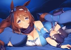 Rule 34 | 1girl, 92m, animal ears, blue eyes, blush, bow, braid, breasts, brown hair, hair between eyes, hair bow, highres, horse ears, horse girl, horse tail, hugging object, large breasts, long hair, looking at viewer, open mouth, pillow, pillow hug, skirt, smile, solo, super creek (umamusume), tail, thighhighs, umamusume