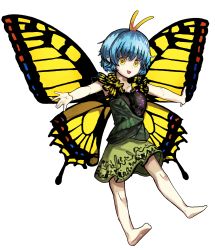 Rule 34 | 1girl, absurdres, antennae, aqua hair, bare legs, barefoot, butterfly wings, dress, eternity larva, fairy, full body, green dress, hair between eyes, highres, insect wings, multicolored clothes, multicolored dress, open mouth, outstretched arms, piaki, short hair, single strap, smile, solo, spread arms, tachi-e, touhou, transparent background, wings, yellow eyes