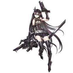 Rule 34 | 1girl, armor, armored boots, belt, black footwear, black gloves, black hair, black shorts, black thighhighs, boots, breasts, covered navel, crossed bangs, evil smile, executioner (girls&#039; frontline), full body, girls&#039; frontline, gloves, grin, gun, hair between eyes, handgun, headgear, holding, holding gun, holding sword, holding weapon, holster, infukun, leaning on object, leaning to the side, long hair, looking at viewer, mechanical arms, medium breasts, official art, oversized forearms, oversized limbs, red eyes, sangvis ferri, shorts, simple background, smile, solo, sword, thigh boots, thighhighs, transparent background, trigger discipline, very long hair, weapon