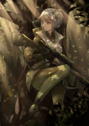 Rule 34 | 1girl, antlers, arknights, arrow (projectile), bird, bow (weapon), breasts, chinese commentary, closed mouth, crossbow, day, firewatch (arknights), forest, green eyes, green jacket, green pantyhose, highres, horns, jacket, light rays, medium breasts, nature, open clothes, open jacket, outdoors, pantyhose, quiver, short hair, signature, silver hair, smile, solo, sunlight, tree, weapon, ygxdl